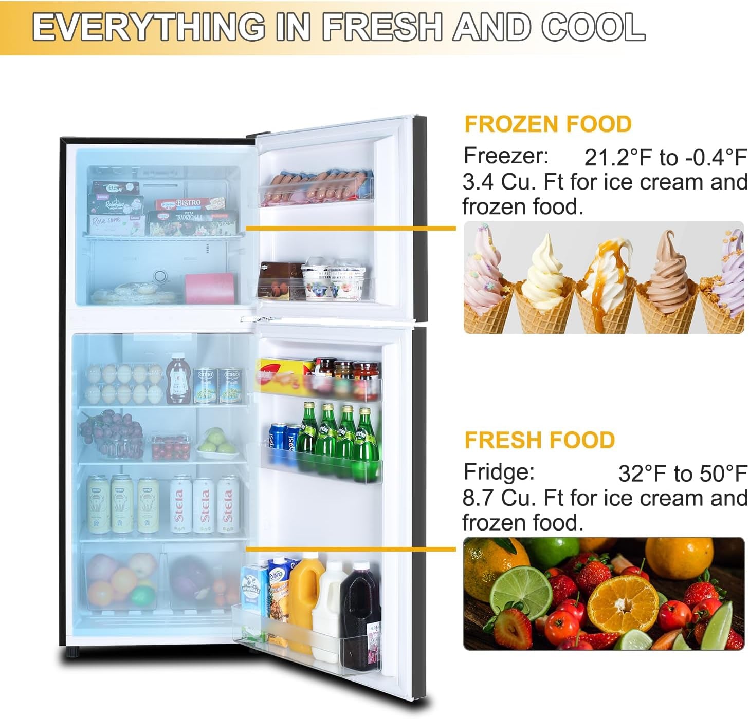 12.1 CU' Refrigerator with Freezer, Apartment Size Refrigerator Top Freezer, 2 Door Fridge with Adjustable Thermostat Control, Freestanding, Door Swing, Black (FR 1202 BK)