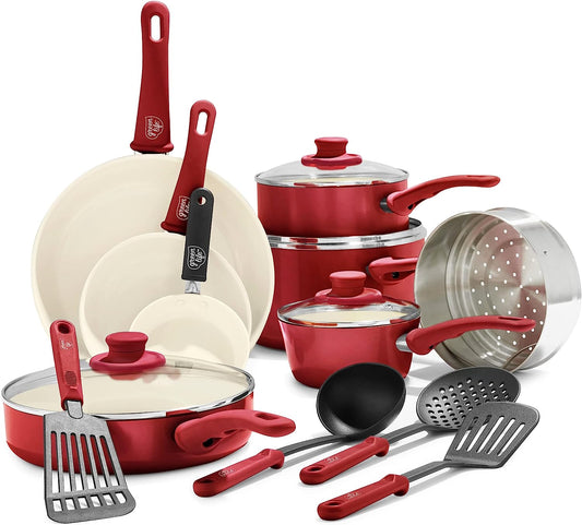 Soft Grip Healthy Ceramic Nonstick 16 Piece Kitchen Cookware Pots and Frying Sauce Pans Set, Pfas-Free, Dishwasher Safe, Red
