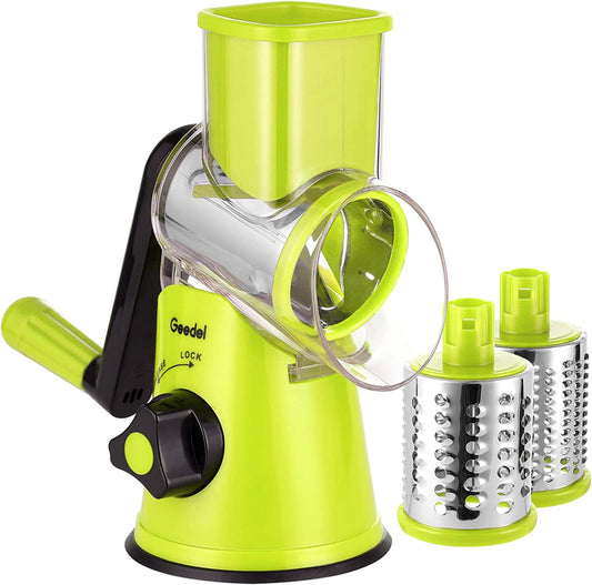 Rotary Cheese Grater, Kitchen Mandoline Vegetable Slicer with 3 Interchangeable Blades, Easy to Clean Rotary Grater Slicer for Fruit, Vegetables, Nuts