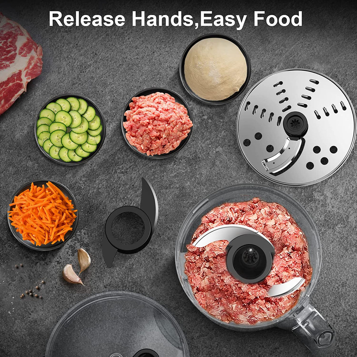 Food Processor,  600W Professional Food Processors & Vegetable Chopper, with 7 Processor Cups, Reversible Disc, Chopping Blade & Dough Blade for Chopping, Slicing, Purees & Dough