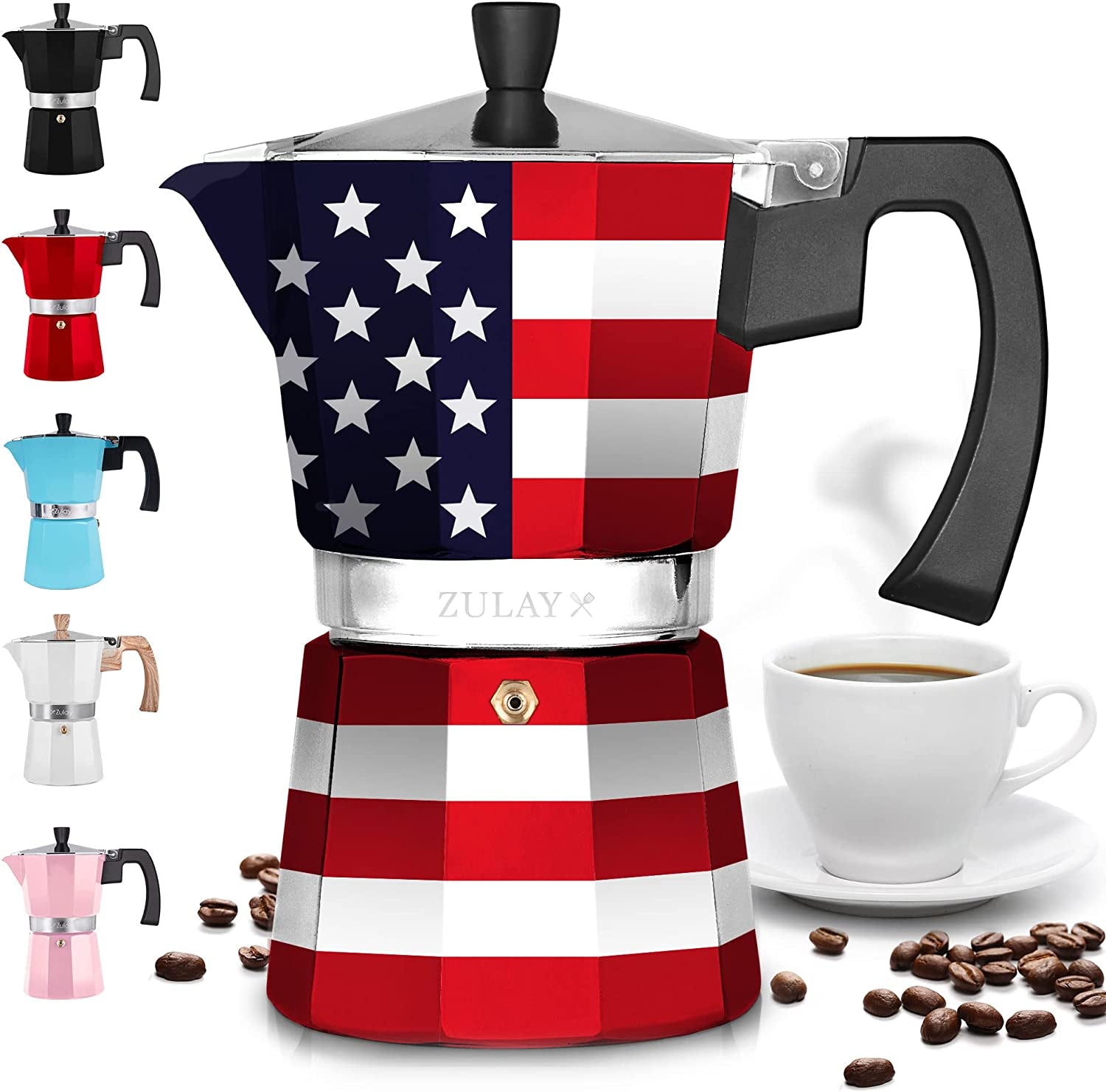 Zulay Classic Italian Style 5.5 Espresso Cup Moka Pot, Classic Stovetop Espresso Maker for Great Flavored Strong Espresso, Makes Delicious Coffee, Easy to Operate & Quick Cleanup Pot (American Flag)