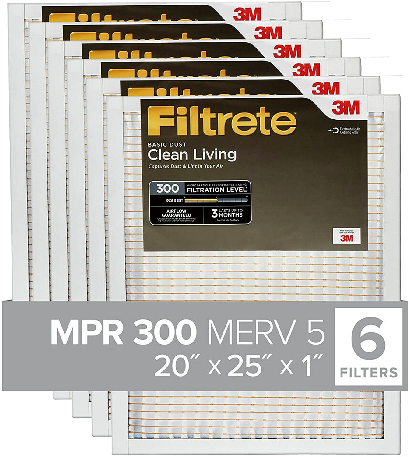 20X25X1 Air Filter, MPR 300, MERV 5, Clean Living Basic Dust 3-Month Pleated 1-Inch Air Filters, 6 Filters