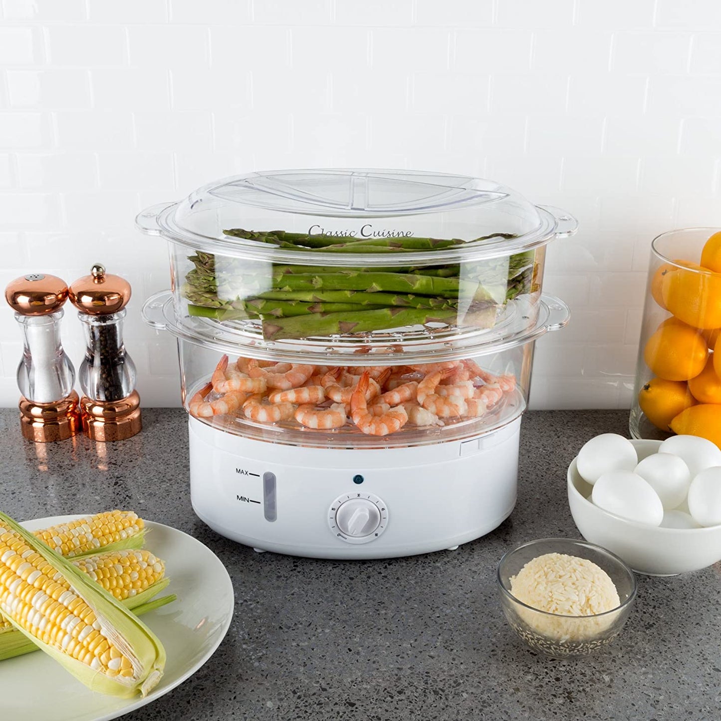 Vegetable Steamer Rice Cooker- 6.3 Quart Electric Steam Appliance with Timer for Healthy Fish, Eggs, Vegetables, Rice, Baby Food by Classic Cuisine, 11"D X 11"W X 12.25"H