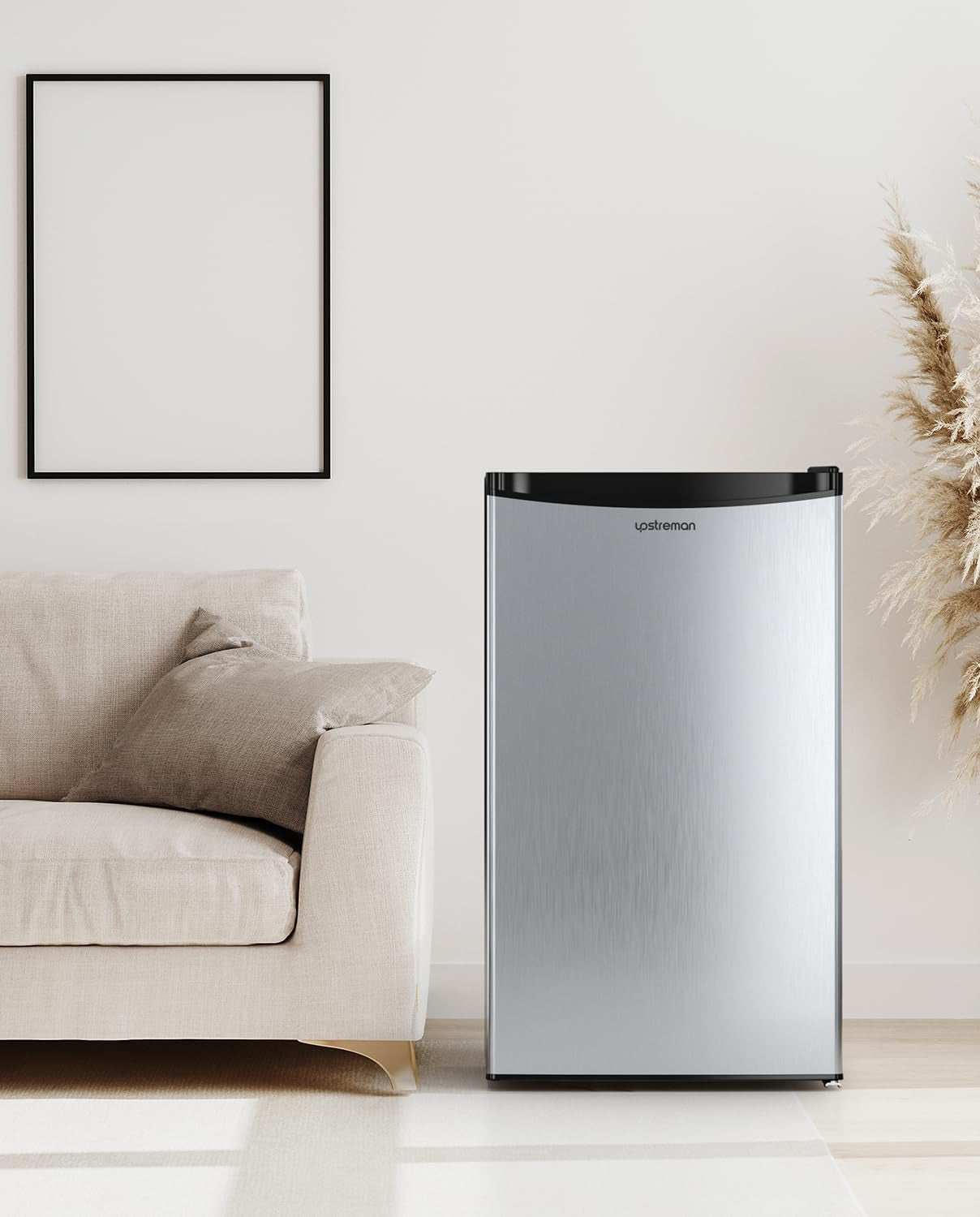 3.2 Cu.Ft Mini Fridge with Freezer, Single Door Mini Fridge, Adjustable Thermostat, Mini Refrigerator for Dorm, Office, Bedroom, Stainless Steel-Sr321