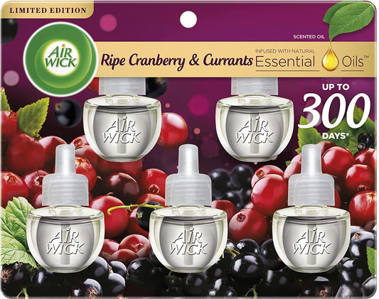 Plug in Scented Oil Refill, 5 Ct, Ripe Cranberry and Currants, Air Freshener, Essential Oils, Fall Scent, Fall Decor
