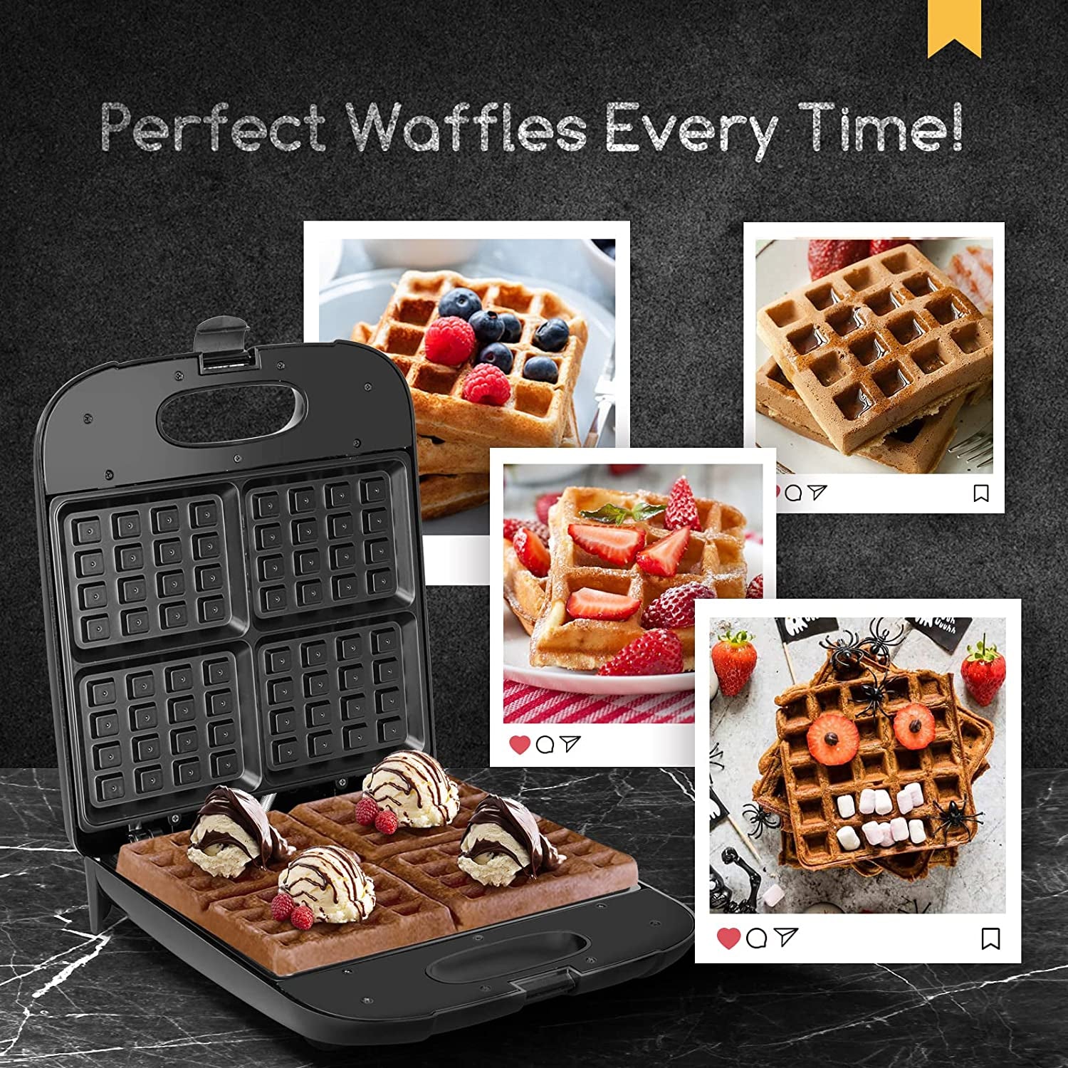 Waffle Maker, 4-Slice Nonstick Waffle Iron, 1400W Square Waffle Machine with Indicator Lights for Hash Browns, Snacks, Breakfast & Lunch, Easy to Clean, PFOA Free, ETL Certificated, Black