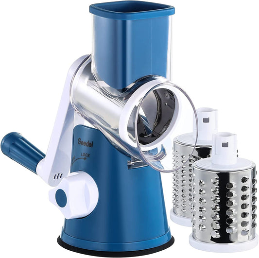 Rotary Cheese Grater, Kitchen Mandoline Vegetable Slicer with 3 Interchangeable Blades, Easy to Clean Rotary Grater Slicer for Fruit, Vegetables, Nuts