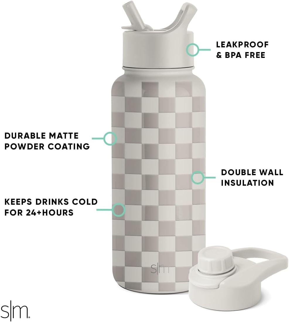 Water Bottle with Straw and Chug Lid Vacuum Insulated Stainless Steel Metal Thermos Bottles | Reusable Leak Proof Bpa-Free Flask for Sports Gym | Summit Collection | 32Oz, Checkmate