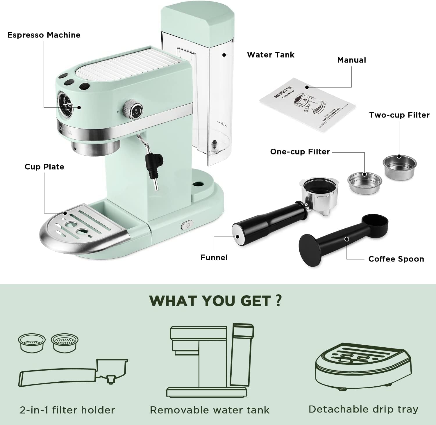 20 Bar Espresso Coffee Machine with Steam Wand for Latte Espresso and Cappuccino, Compact Espresso Maker for Home Barista, 1350W Premium Italian High Pressure - Mint Green
