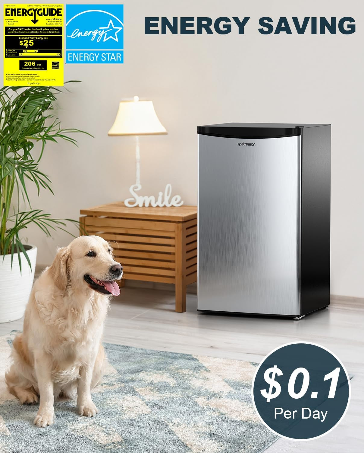 3.2 Cu.Ft Mini Fridge with Freezer, Single Door Mini Fridge, Adjustable Thermostat, Mini Refrigerator for Dorm, Office, Bedroom, Stainless Steel-Sr321