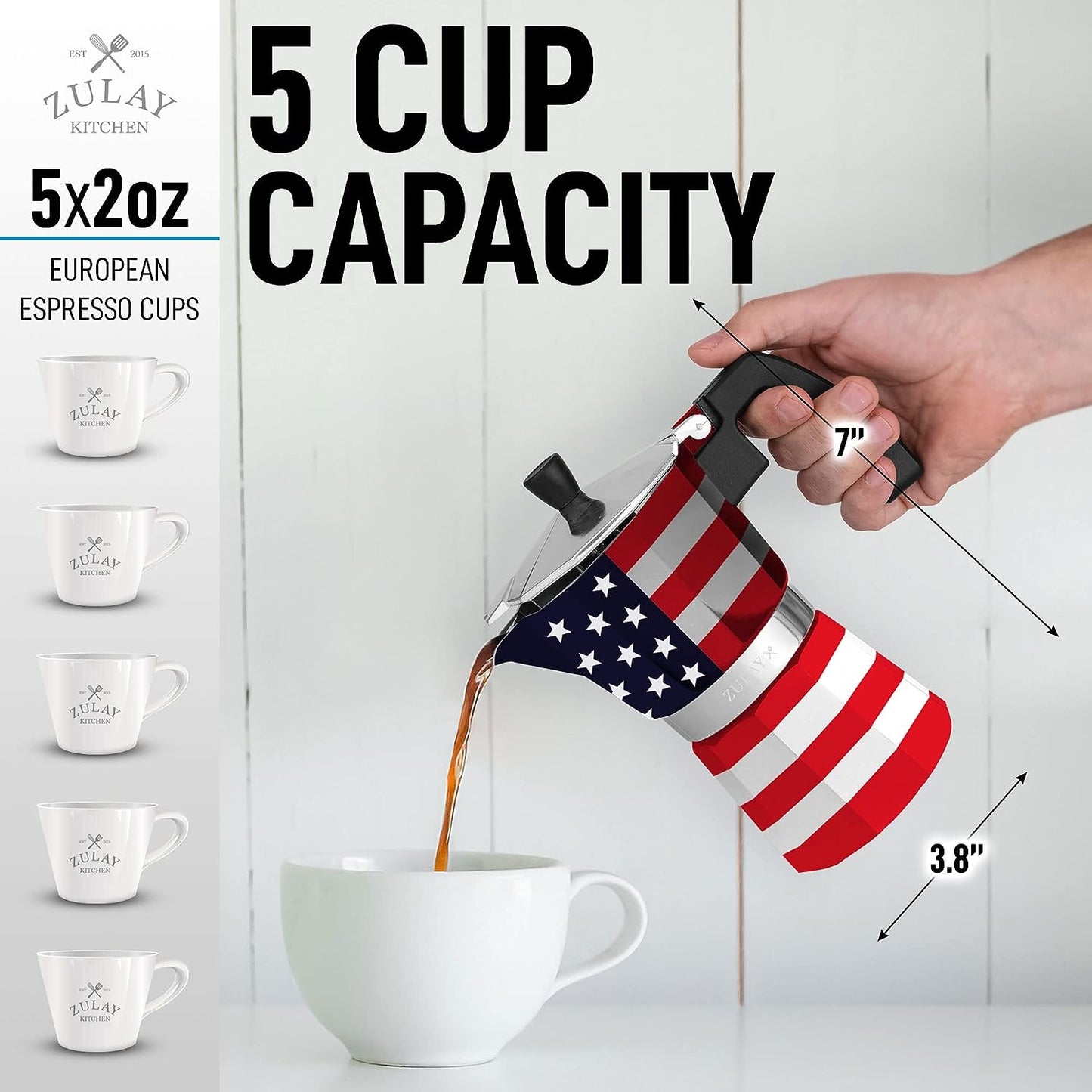 Zulay Classic Italian Style 5.5 Espresso Cup Moka Pot, Classic Stovetop Espresso Maker for Great Flavored Strong Espresso, Makes Delicious Coffee, Easy to Operate & Quick Cleanup Pot (American Flag)
