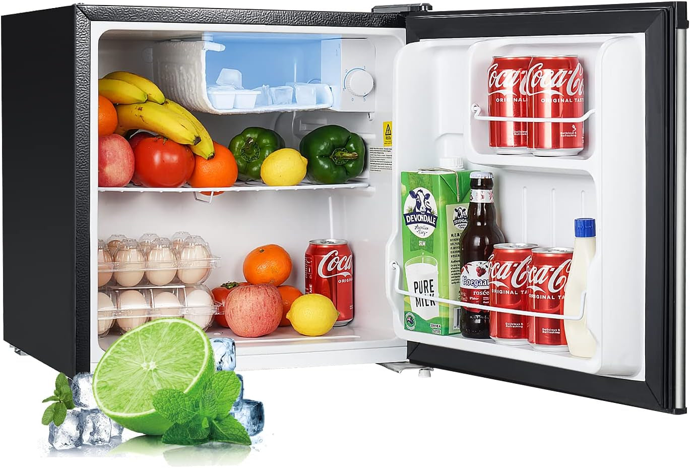 1.7 Cu.Ft Mini Fridge with Freezer, Adjustable Thermostat, Energy Saving, Low Noise, Single Door Compact Refrigerator for Dorm, Office, Bedroom, Stainless- FR17