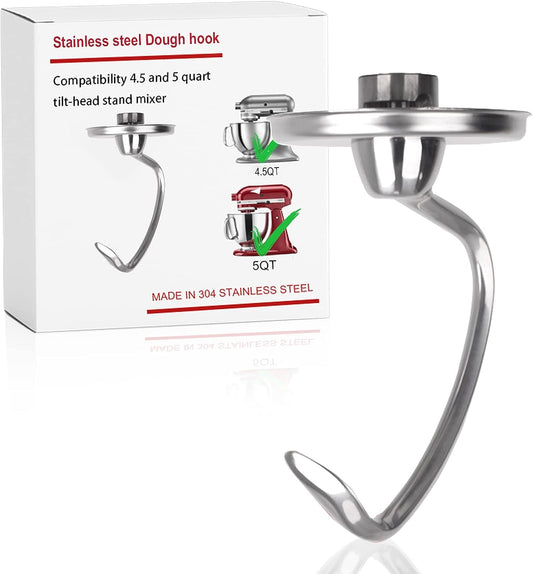 Stainless Steel Dough Hook for Kitchenaid Stand Mixers, Compatible with 4.5 & 5 QT Tilt-Head Household Models, Dish Washer Safe Kitchenaid Mixer Accessories