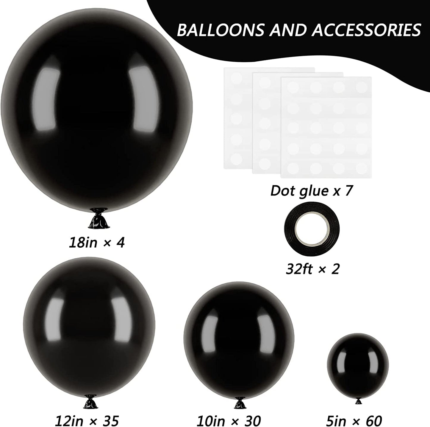 129Pcs Black Balloons Latex Balloons Different Sizes 18 12 10 5 Inch Party Balloon Kit for Birthday Party Graduation Baby Shower Wedding Holiday Balloon Decoration