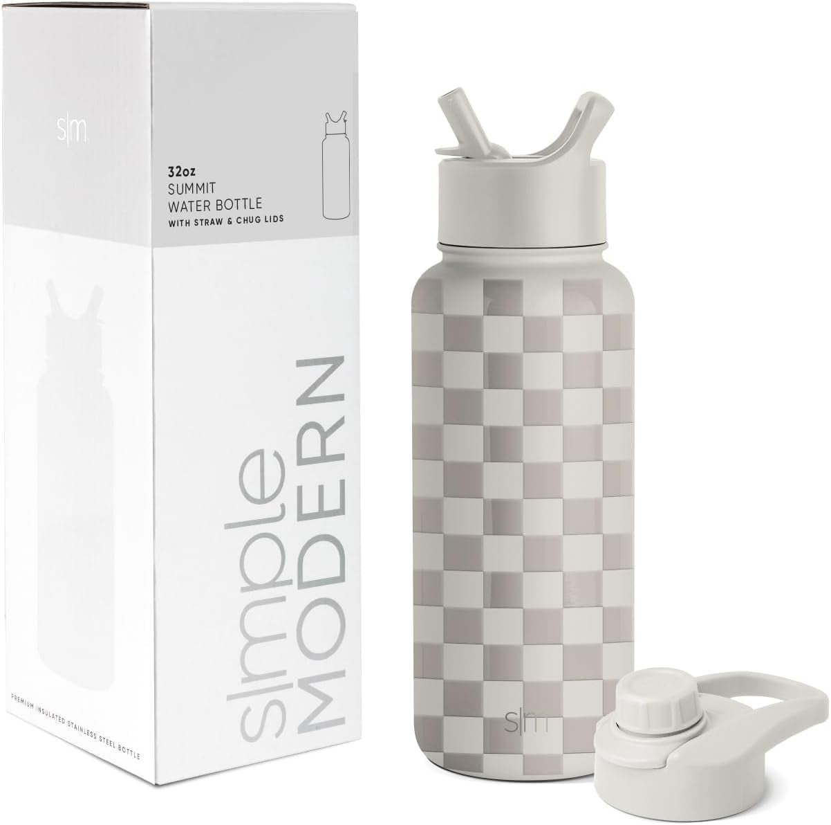 Water Bottle with Straw and Chug Lid Vacuum Insulated Stainless Steel Metal Thermos Bottles | Reusable Leak Proof Bpa-Free Flask for Sports Gym | Summit Collection | 32Oz, Checkmate