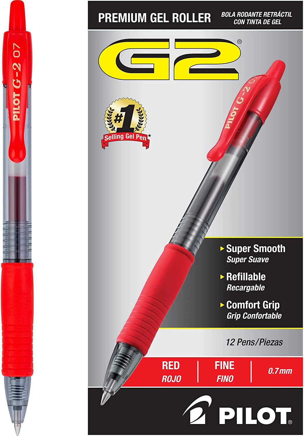 , G2 Premium Gel Roller Pens, Fine Point 0.7 Mm, Red, Pack of 12