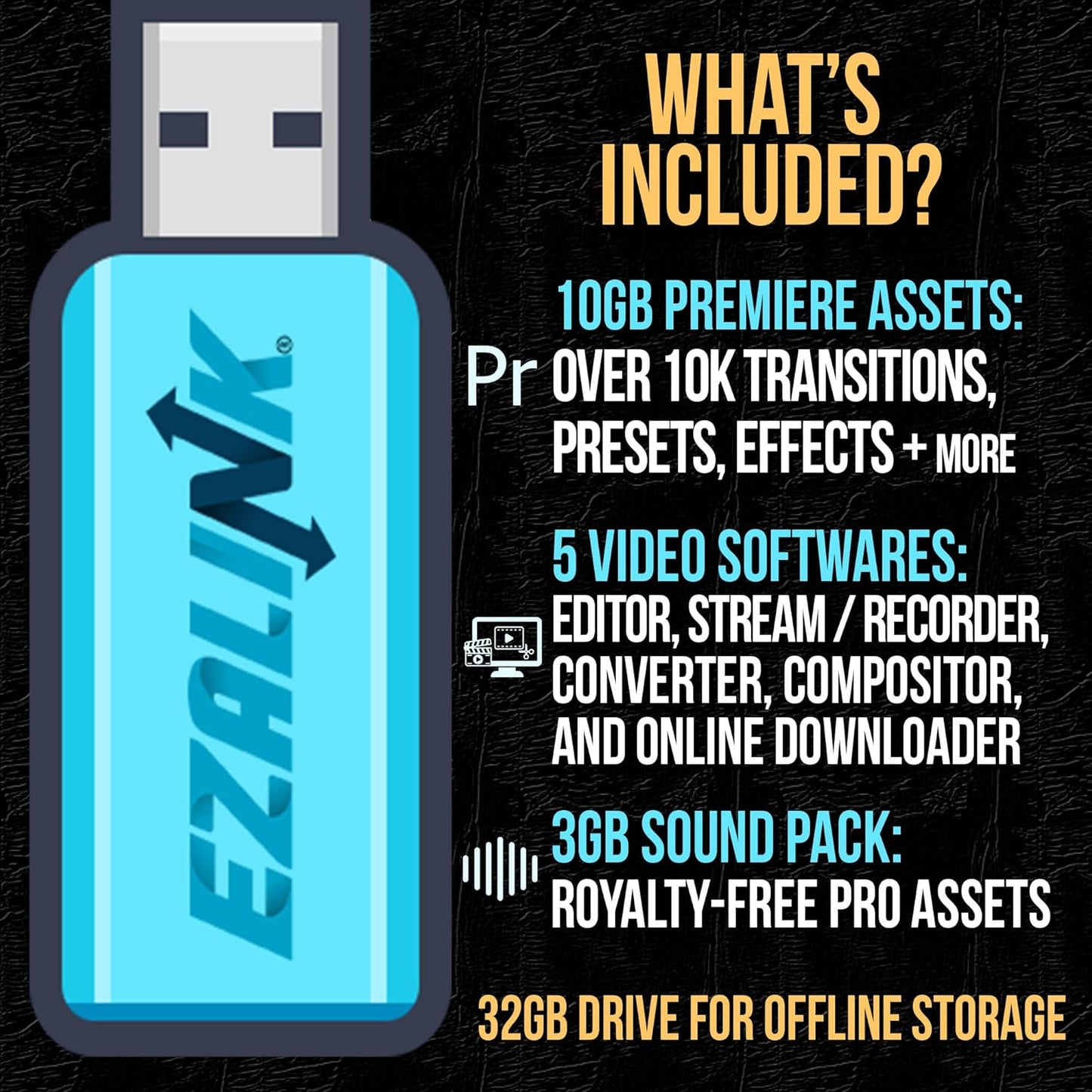 Video Editing Software Pack | Editor, Youtube Downloader, MP3 MP4 Converter, Green Screen App | 10K Transitions for Premiere Pro and Sound Effects | Windows and Mac 32GB USB