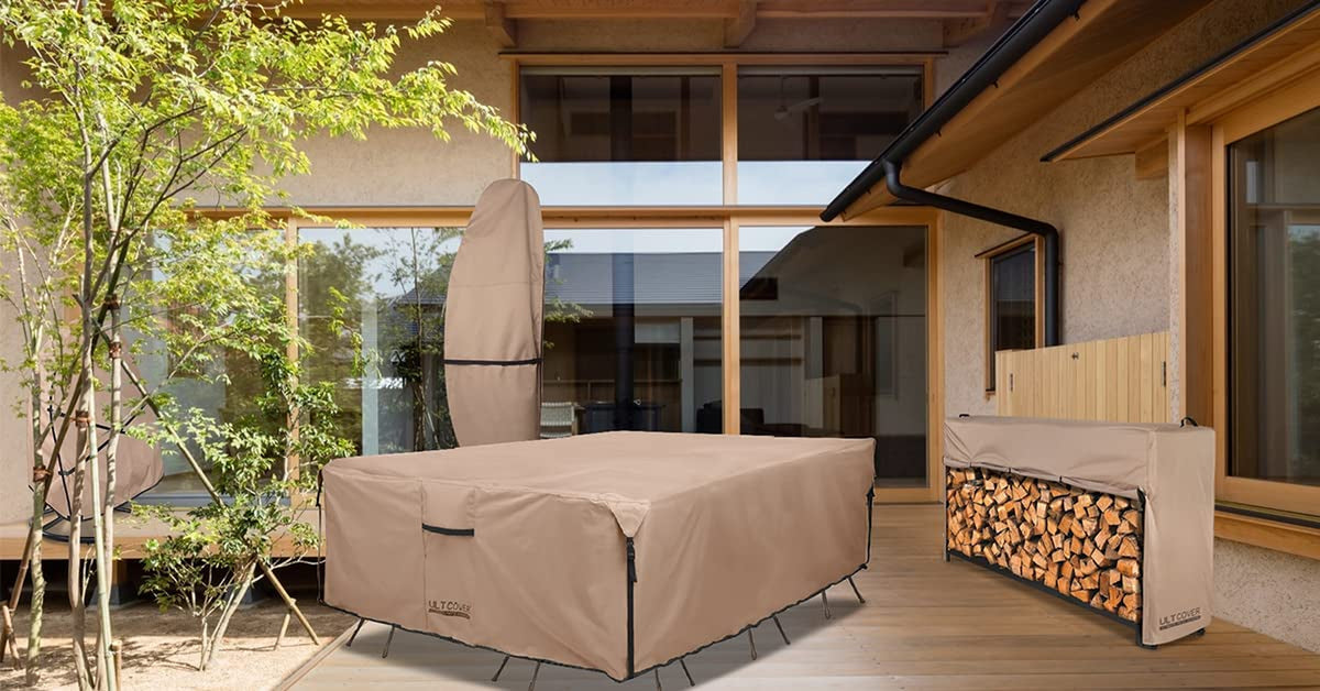 Rectangular Patio Heavy Duty Table Cover - 600D Tough Canvas Waterproof Outdoor Dining Table and Chairs General Purpose Furniture Cover Size 126L X 74W X 28H Inch