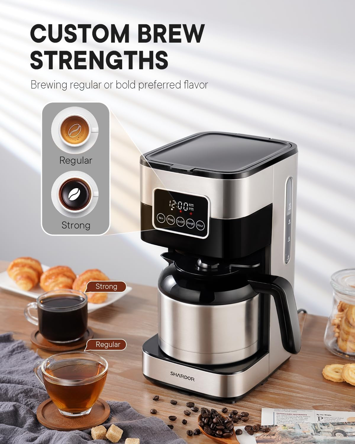 Programmable Coffee Maker with 10-Cup Thermal Carafe, Touch-Screen Drip Coffee Machine with Timer, Regular & Strong Brew, Pause & Serve, Auto Shut Off, Black & Stainless Steel