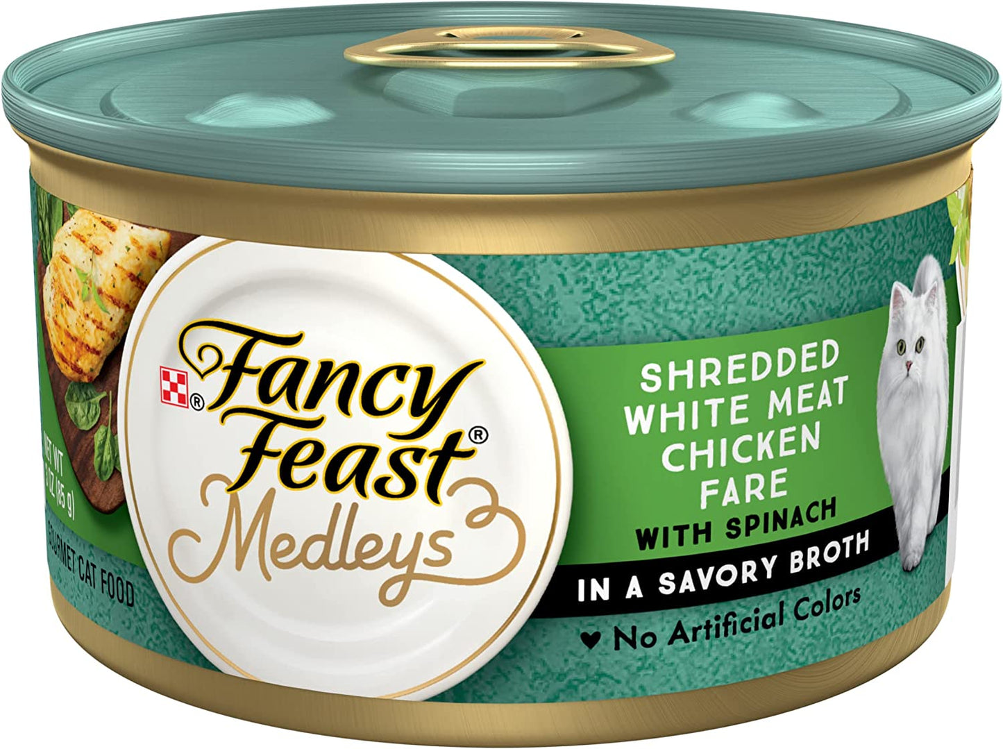Wet Cat Food Medleys Shredded White Meat Chicken Fare with Spinach in Savory Cat Food Broth - 3 Oz. Can