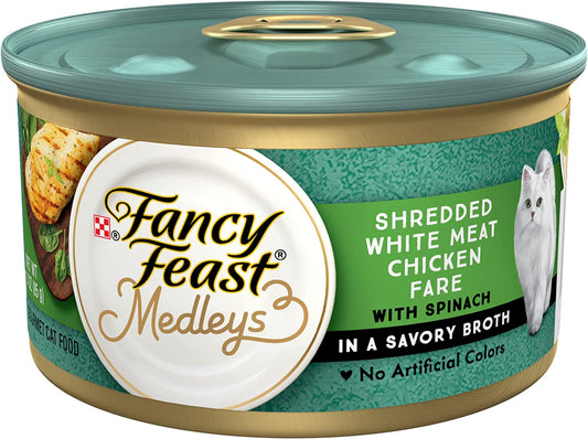 Wet Cat Food Medleys Shredded White Meat Chicken Fare with Spinach in Savory Cat Food Broth - 3 Oz. Can