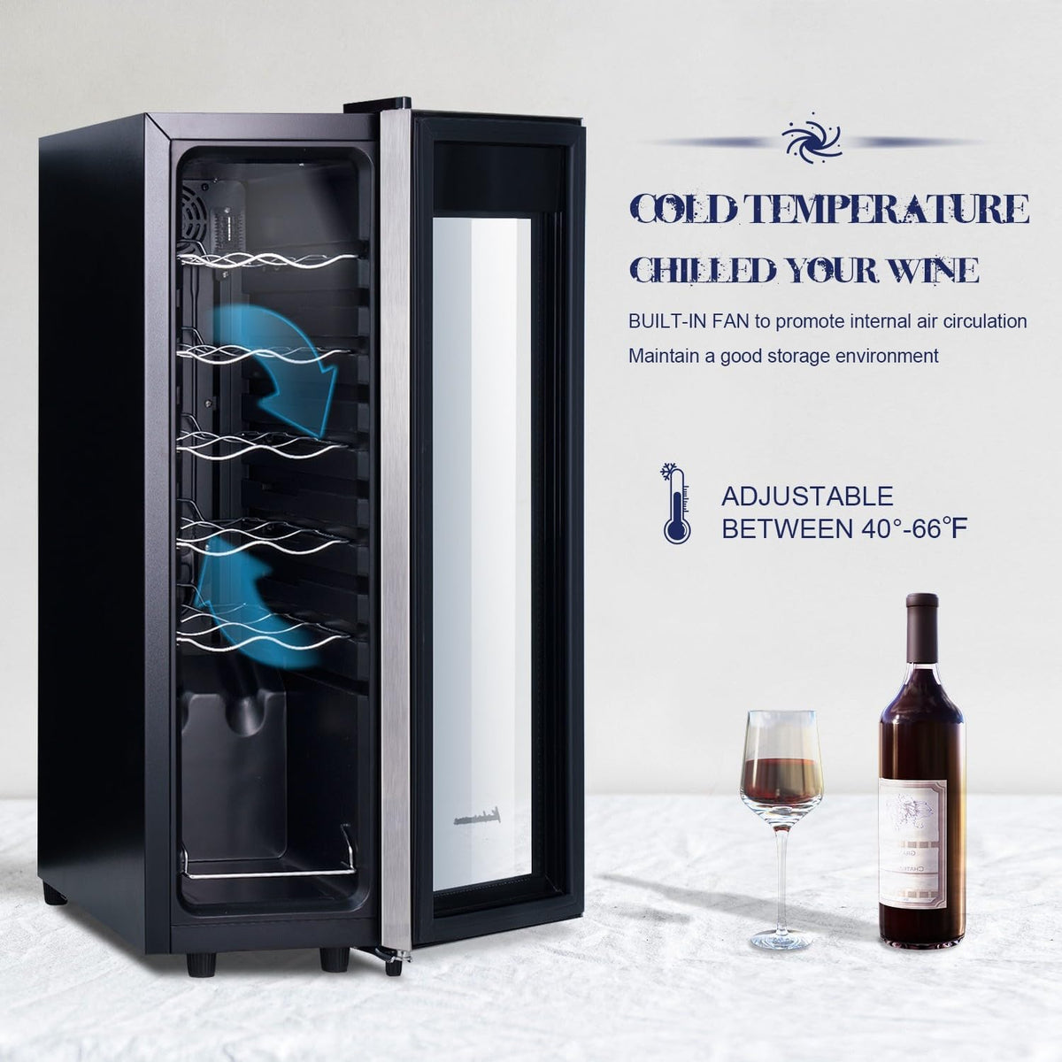 Mini Fridge Compressor Cooler, 12 Bottles Wine Refrigerator, Freestanding Wine Cellar 41F-64F One Touch Temperature Control, for Home, Office or Bar.