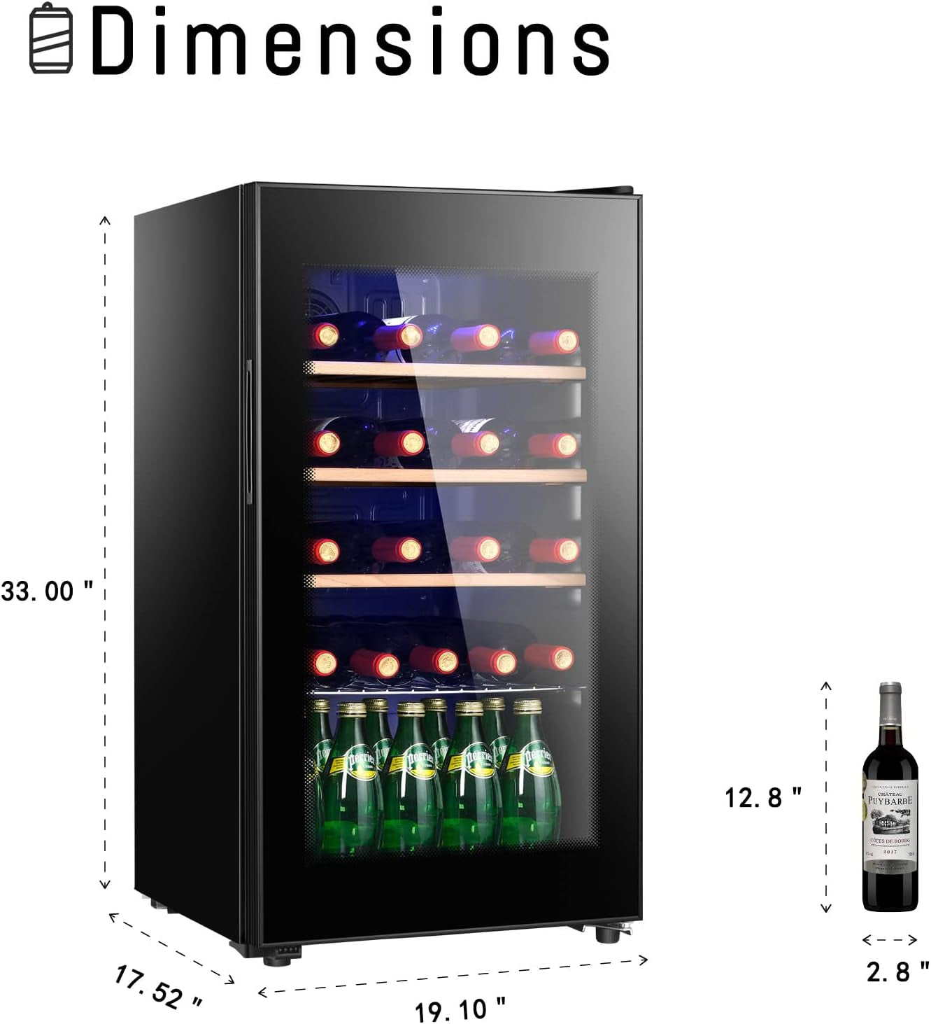 26 Bottle Wine Cooler Refrigerator, Freestanding Wine Cellar, 3.4 Cu.Ft Wine Fridge for Red & White, Glass Door