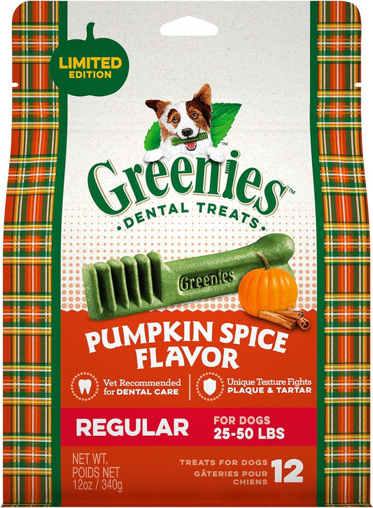 Regular Natural Dog Dental Care Chews Oral Health Dog Treats, Pumpkin Spice Flavor, 12 Oz. (12 Treats)