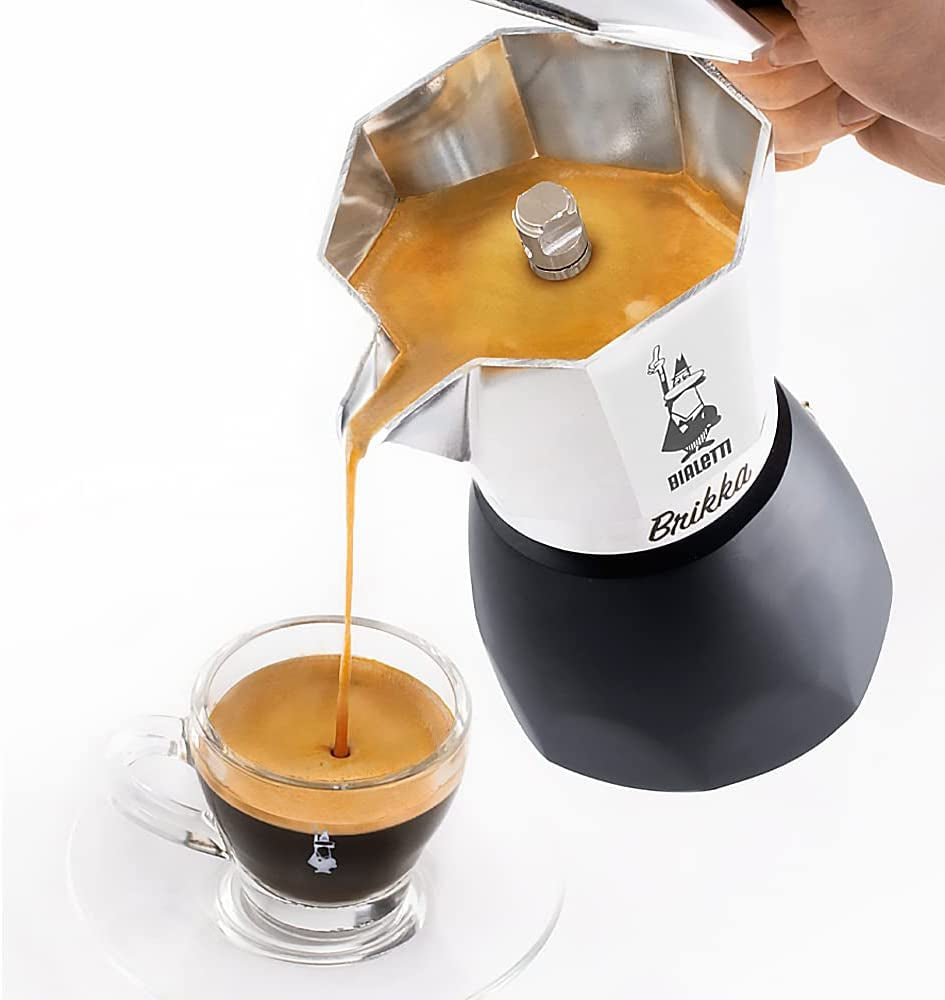 - New Brikka, Moka Pot, the Only Stovetop Coffee Maker Capable of Producing a Crema-Rich Espresso, 2 Cups (3,4 Oz), Aluminum and Black