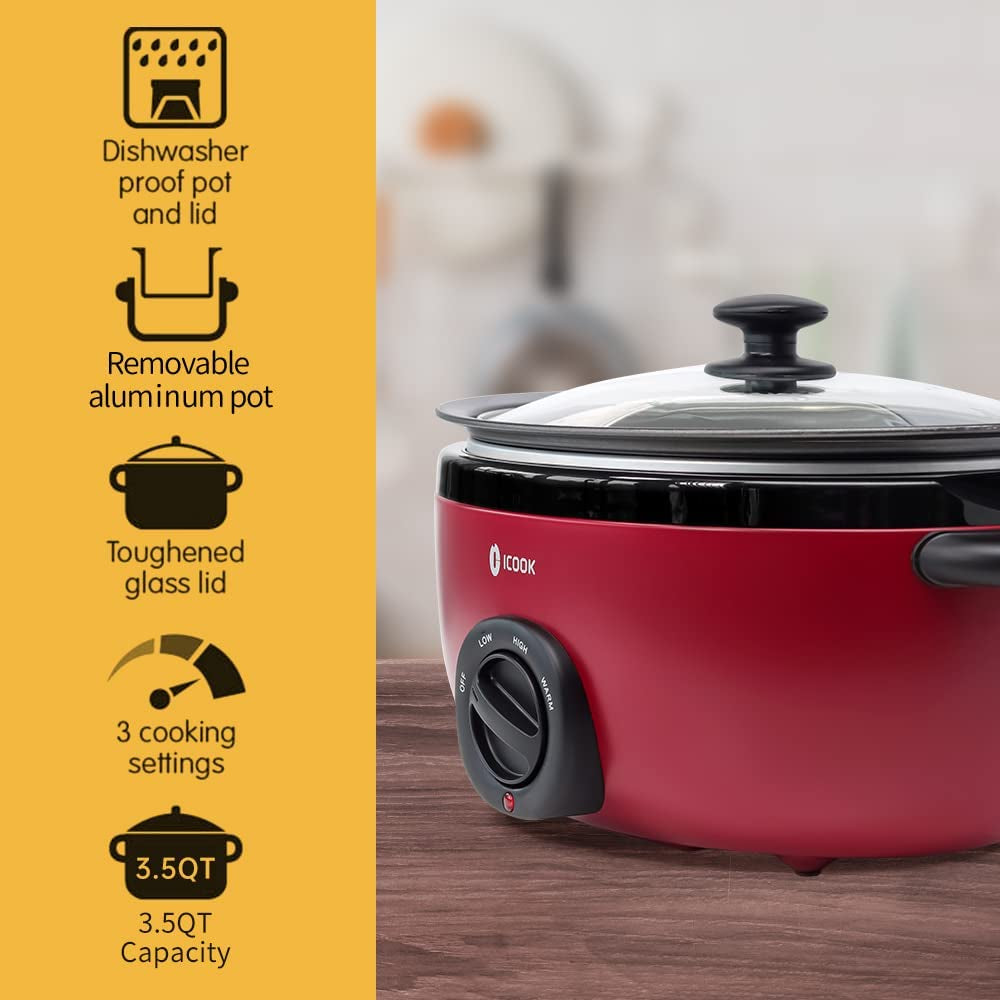 USC-35-OP001RD 3.5 Quart Slow Cooker,Aluminium Sear/Sauté Stew Pot Stovetop Safe,Dishwasher Safe,Glass Lid,Adjustable Temp,Food Warmer,Red