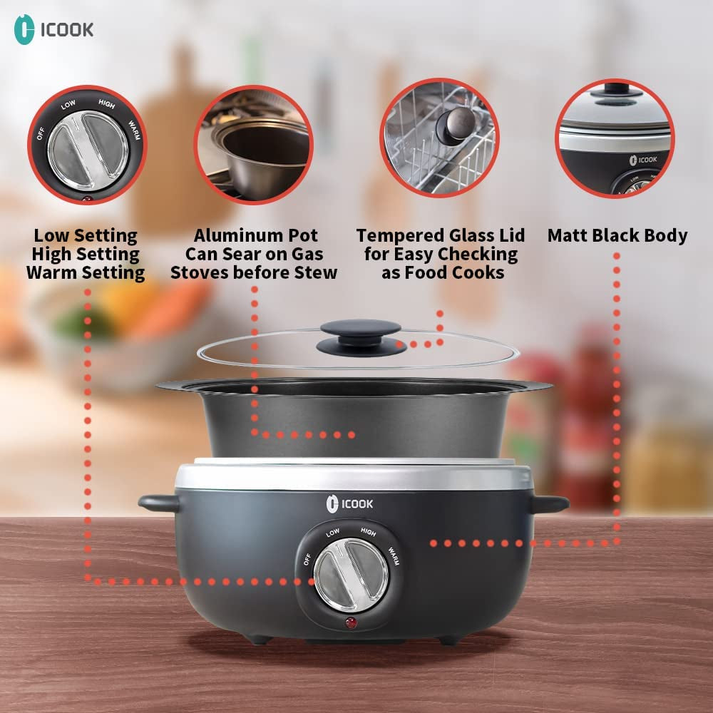 USC-65-OP001BK 6.5 Quart Slow Cooker,Aluminium Sear/Sauté Stew Pot Stovetop Safe,Dishwasher Safe,Glass Lid,Adjustable Temp,Food Warmer,Black