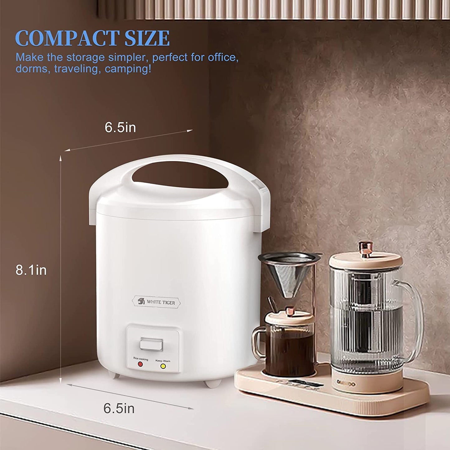 1.0L Mini Rice Cooker, 2 Cups Uncooked WHITE TIGER Portable Travel Steamer Small,15 Minutes Fast Cooking, Removable Non-Stick Pot, Keep Warm, Suitable for 1-2 People - for Cooking Soup, Rice, Stews & Oatmeal