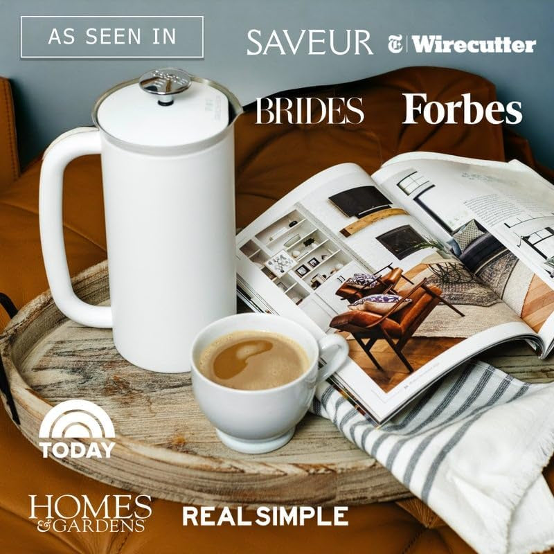 - P7 French Press - Double Walled Stainless Steel Insulated Coffee and Tea Maker with Micro-Filter - Keep Drinks Hotter for Longer, Perfect for Home (Matte White, 32 Oz)