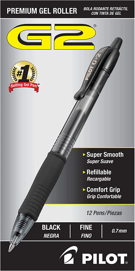 PILOT G2 Premium Refillable & Retractable Rolling Ball Gel Pens, Fine Point, Black Ink, 12 Count (Pack of 1) (312)