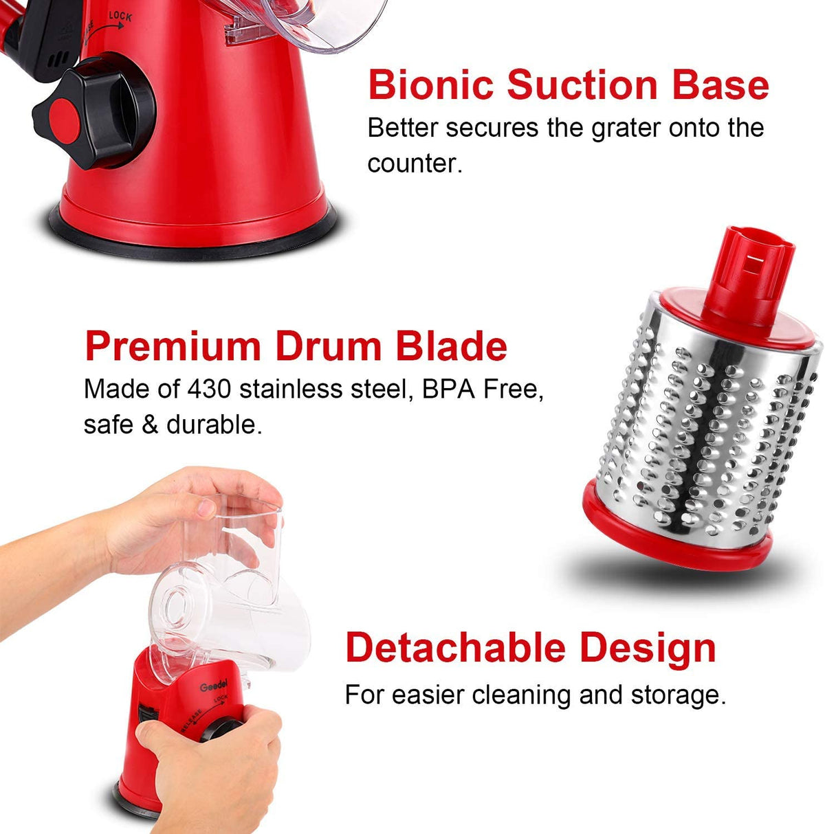 Rotary Cheese Grater, Kitchen Mandoline Grater with 2 Drum Blades, Easy to Clean Rotary Grater Cheese Shredder for Fruit, Vegetables, Nuts