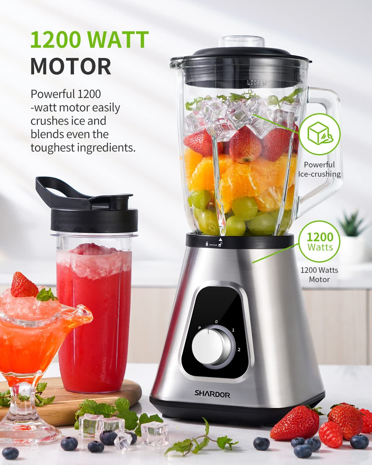 1200W Blender for Shake and Smoothies, Countertop Blender and Personal Blender Combo, 52Oz Glass Jar, 22Oz Travel Cup + 3 Adjustable Speed Control for Frozen Fruit Drinks, Smoothies, Sauces, Sliver