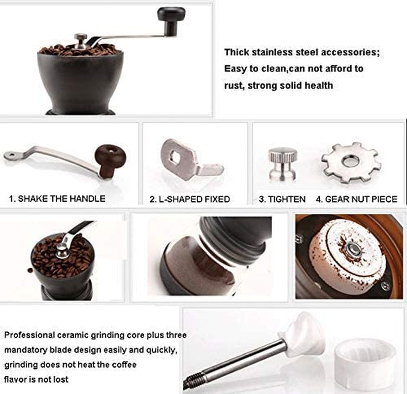 XIBLISS Manual Coffee Mill Grinder with Ceramic Burrs, with Stainless Steel Handle and Silicon Cove,Coffee Container Capacity:12 Oz（350 Ml）, Black