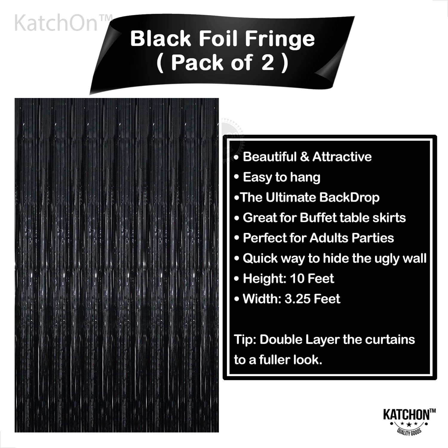 , Xtralarge 8X3.2 Feet Black Fringe Backdrop - Pack of 2, Black Foil Fringe Curtain | Black Streamer Backdrop for Halloween Party Decorations | Halloween Backdrop | Black Backdrop for Party