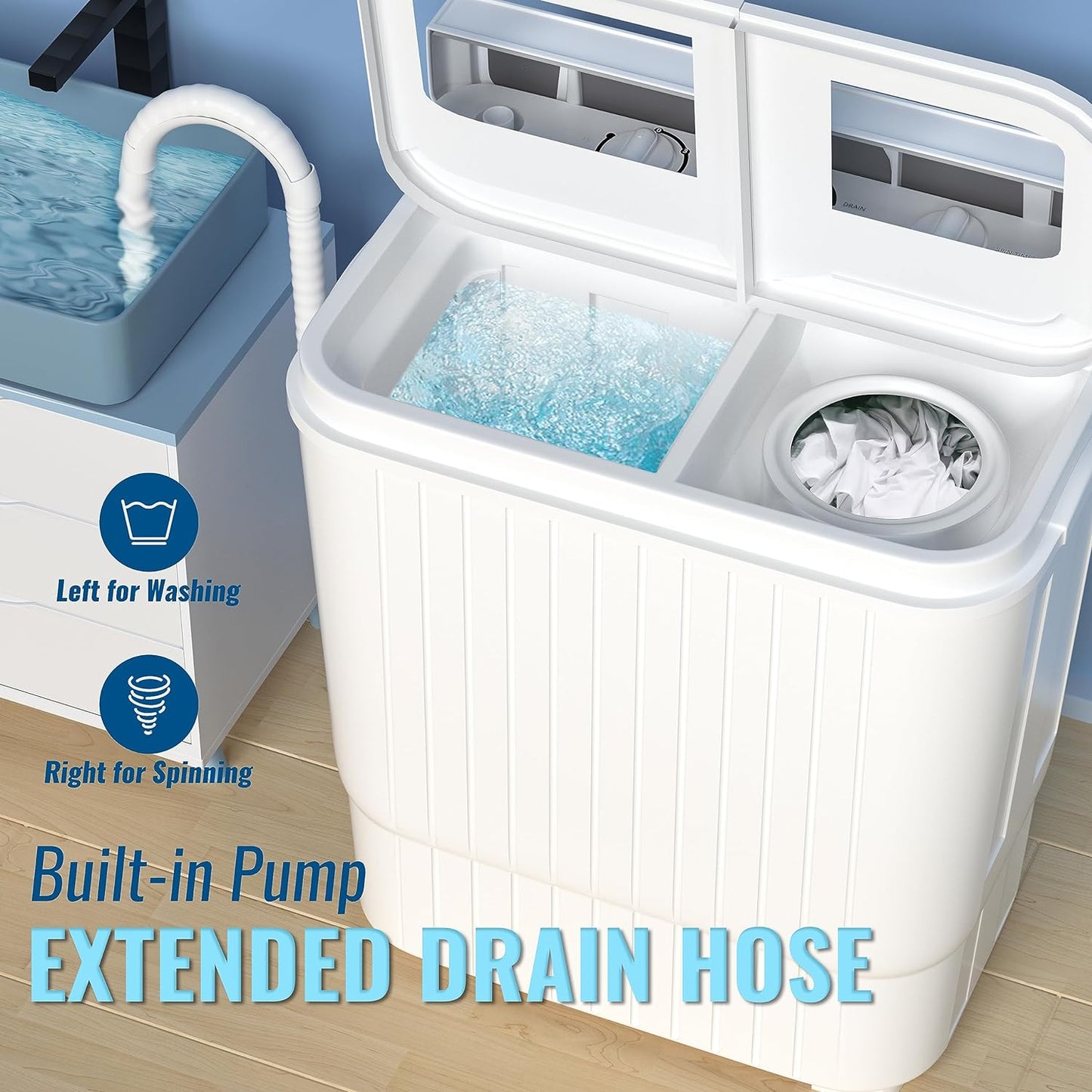 21.6 LBS Portable Washing Machine, 2 in 1 Mini Compact Twin Tub Washer and Spin Dryer with Built-In Gravity Drain Time Control, 9 Lbs Spinner Load Capacity for Home/Apartment/Dorms/Rv(Blue)