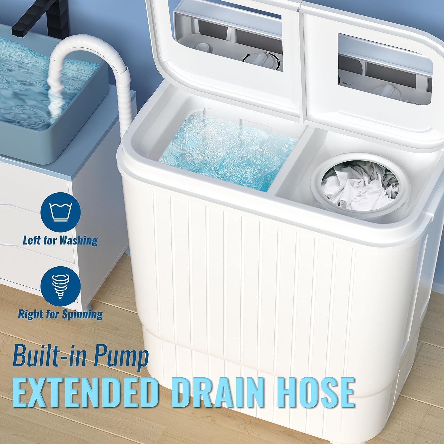21.6 LBS Portable Washing Machine, 2 in 1 Mini Compact Twin Tub Washer and Spin Dryer with Built-In Gravity Drain Time Control, 9 Lbs Spinner Load Capacity for Home/Apartment/Dorms/Rv(Blue)
