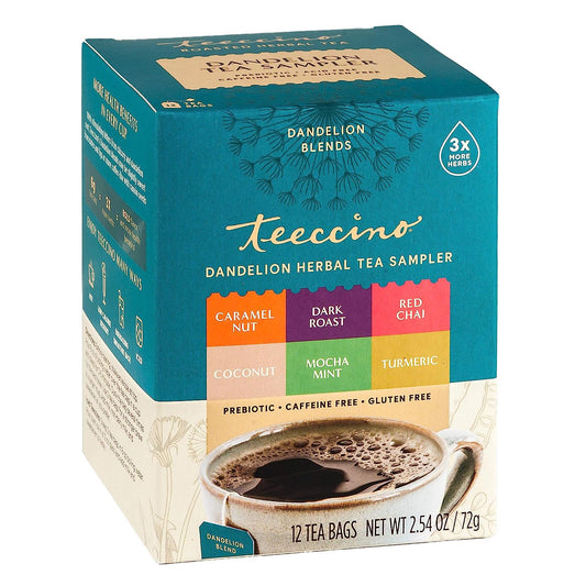 Teeccino Dandelion Tea Sampler – Caramel, Coconut, Dark Roast, Mocha Mint, Red Chai, Turmeric – Roasted Herbal Tea That’S Caffeine Free & Prebiotic with Detoxifying Dandelion, 12 Tea Bags
