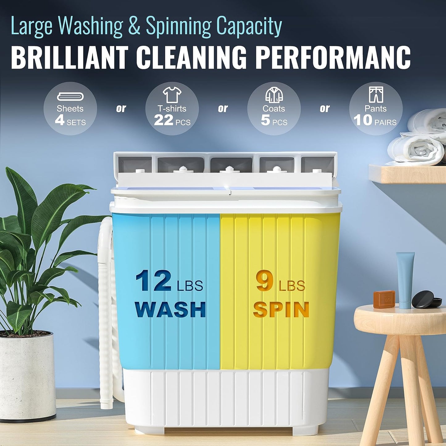 21.6 LBS Portable Washing Machine, 2 in 1 Mini Compact Twin Tub Washer and Spin Dryer with Built-In Gravity Drain Time Control, 9 Lbs Spinner Load Capacity for Home/Apartment/Dorms/Rv(Blue)