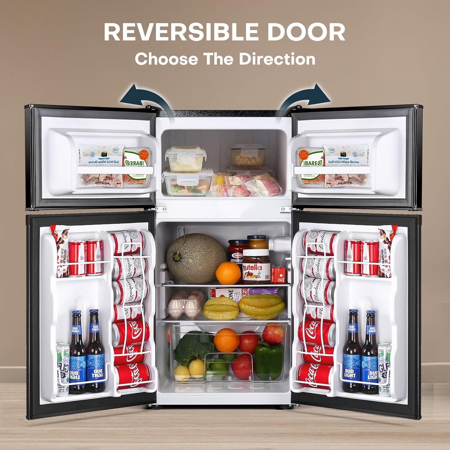 3.2 Cu.Ft Mini Fridge with Freezer, Stainless Steel 2 Door, Adjustable Thermostat, Low Noise, Energy-Efficient, Compact Refrigerator for Dorm, Office, Bedroom