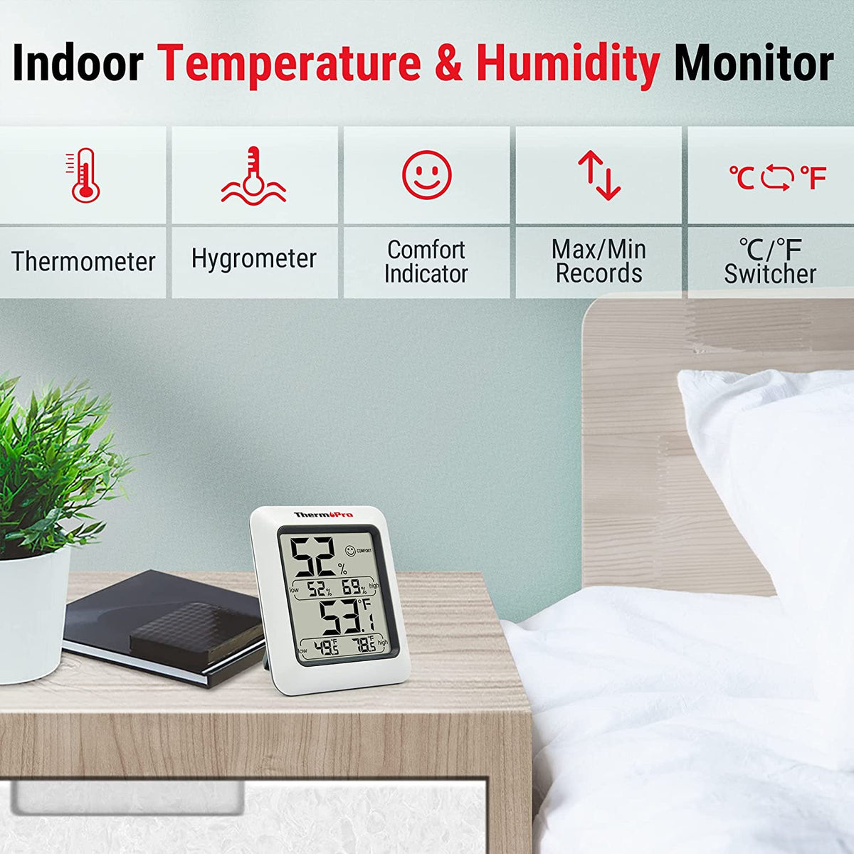 TP50 2 Pieces Digital Hygrometer Indoor Thermometer Room Thermometer and Humidity Gauge with Temperature Humidity Monitor