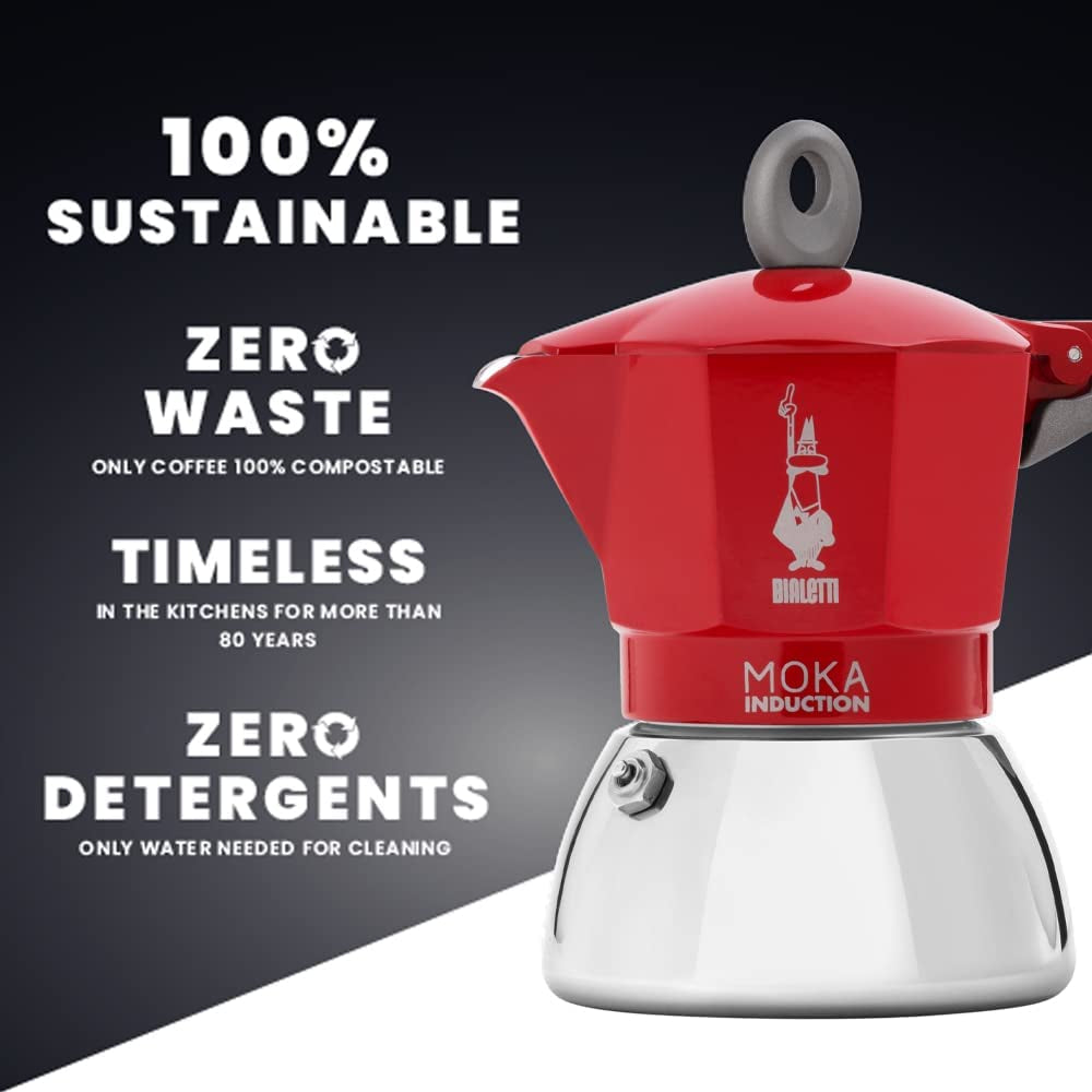 - Moka Induction, Moka Pot, Suitable for All Types of Hobs, 4 Cups Espresso (5.7 Oz), Red