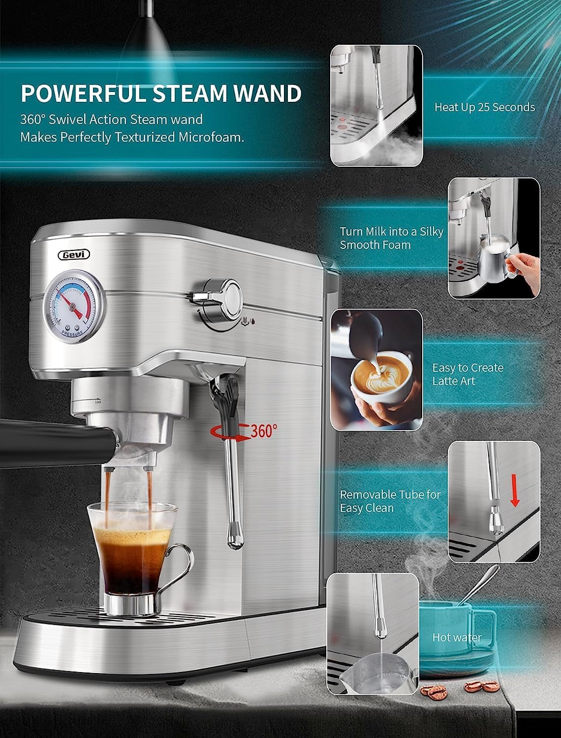 20 Bar Compact Professional Espresso Coffee Machine with Milk Frother/Steam Wand for Espresso, Latte and Cappuccino, Stainless Steel, 35 Oz Removable Water Tank