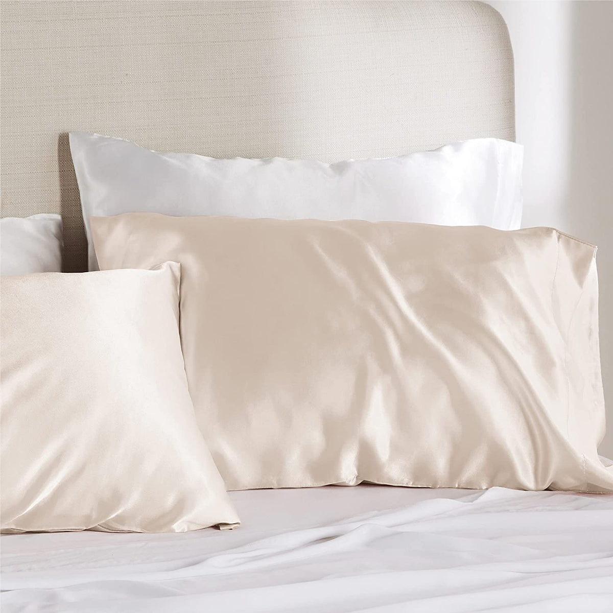 Satin Pillowcase Standard Set of 2 - Beige Silky Pillow Cases for Hair and Skin 20X26 Inches, Pillow Covers with Envelope Closure, Similar to Silk Pillow Cases, Gifts for Women Men