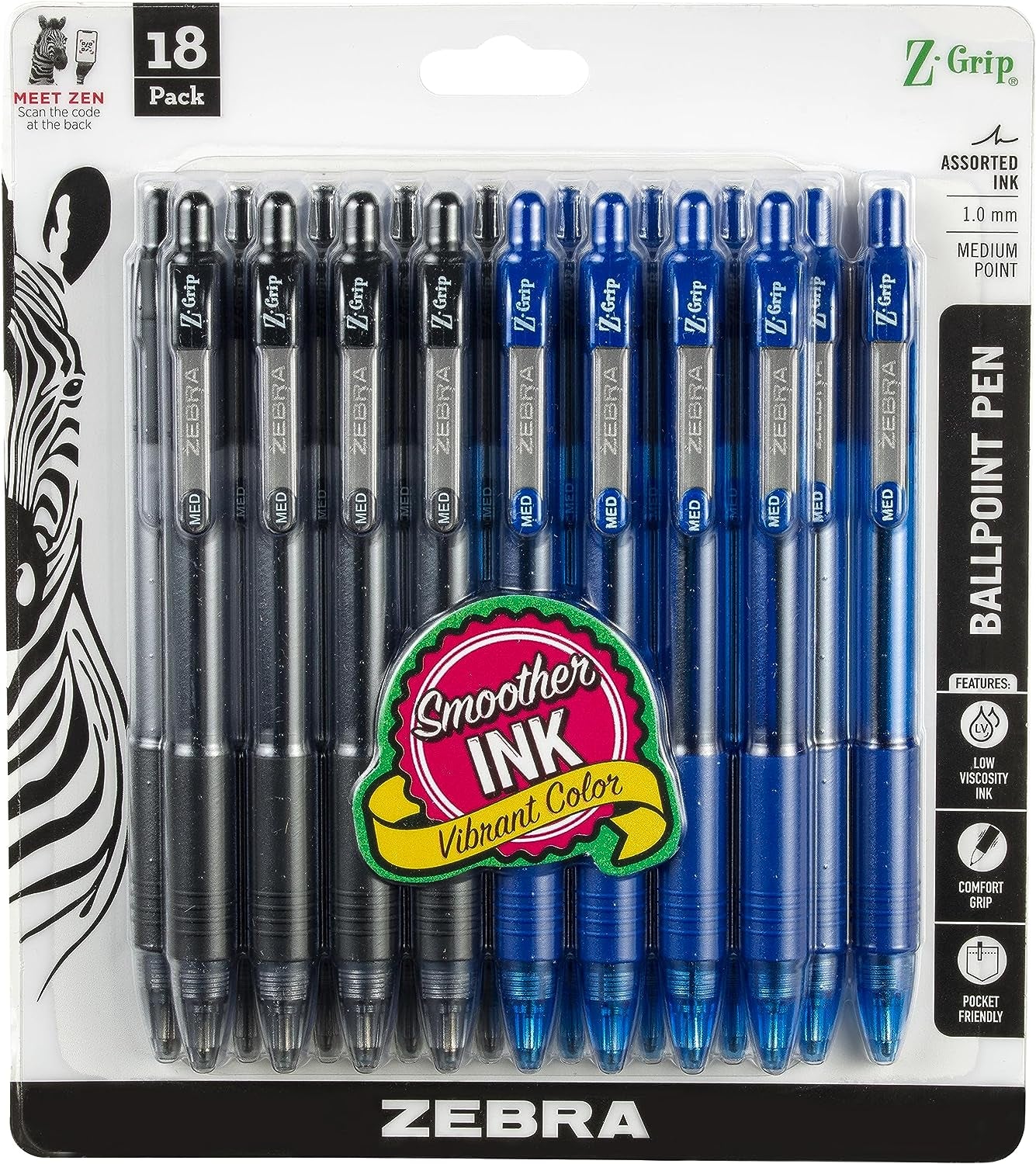 Z-Grip Retractable Ballpoint Pen, Medium Point, 1.0Mm, Assorted Business Colors, 18-Pack