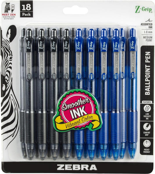 Z-Grip Retractable Ballpoint Pen, Medium Point, 1.0Mm, Assorted Business Colors, 18-Pack