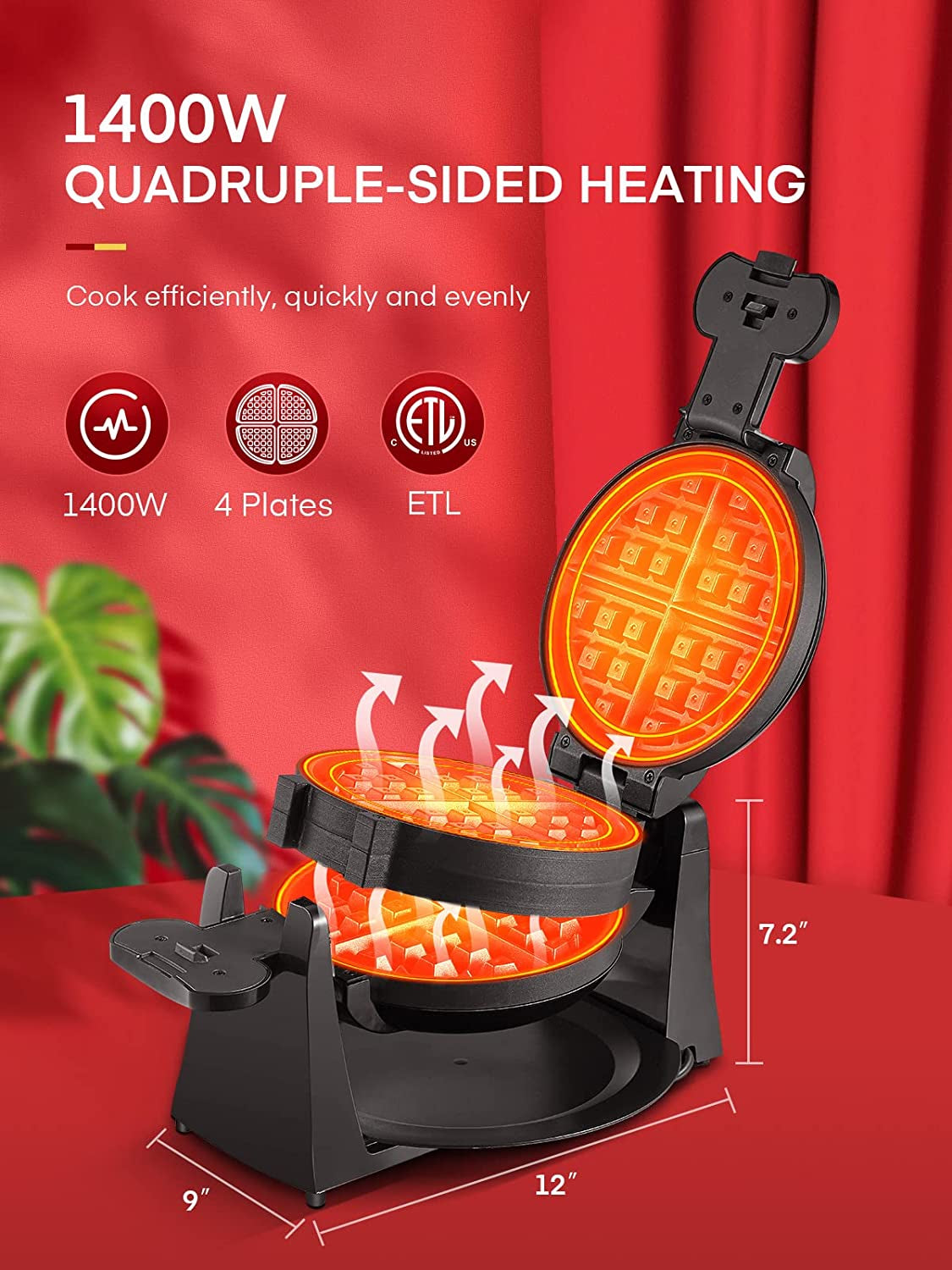 Waffle Maker, Belgian Waffle Maker Iron 180° Flip Double Waffle, 8 Slices, Rotating & Nonstick Plates, Removable Drip Tray, Cool Touch Handle, Black, 1400W